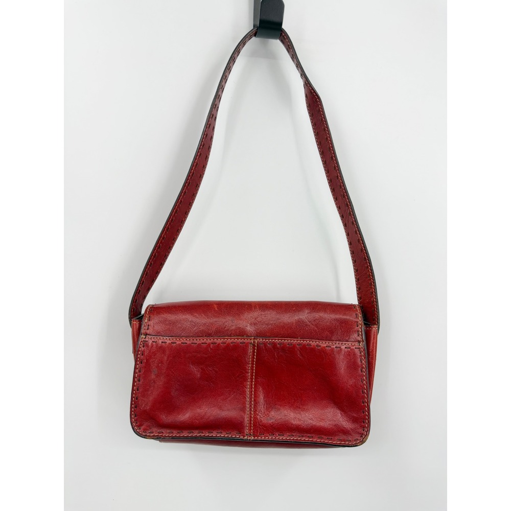 Fossil Vintage Leather Shoulder Bag Womens Small Red Whipstitch Flap Baguette - Picture 3 of 11